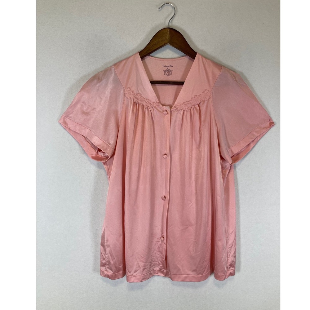 Vintage Coquette Vanity Fair Women Medium Pink Nylon Lace Trim Bed Jacket Top